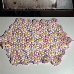 Vintage Crocheted Doily with a Colorful Floral Design
